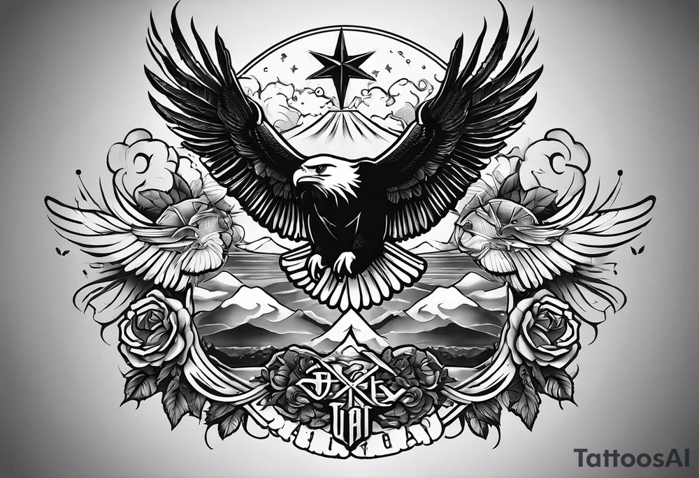 idea of pain for glory in life, discipline and catholic religion. Tattoo on the back with an eagle , 2 doves and fish tattoo idea