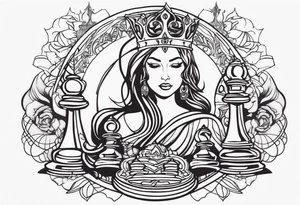chess queen piece contour with two pawns on her side with spiritual patterns around tattoo idea