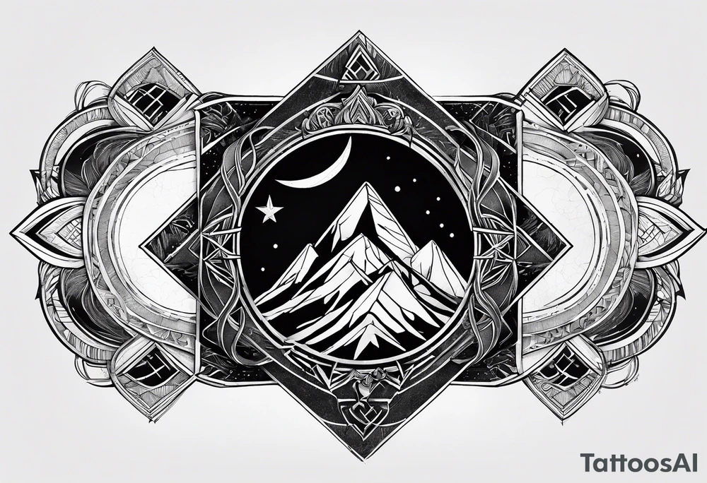 A geometric tattoo for the whole forearm with a mountain peak, Yggdrasil, a Triskelion and the moon intertwined with the geometric design tattoo idea