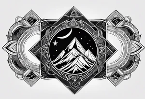 A geometric tattoo for the whole forearm with a mountain peak, Yggdrasil, a Triskelion and the moon intertwined with the geometric design tattoo idea