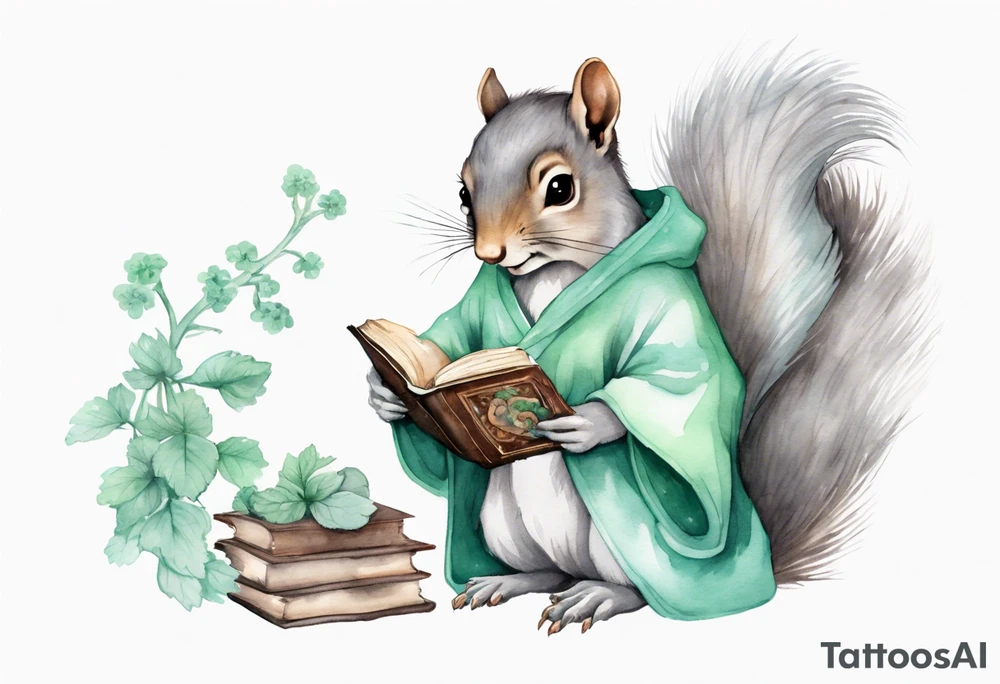 a grey squirrel with long feminine hair and a mint and grey robe, holding a magic book tattoo idea