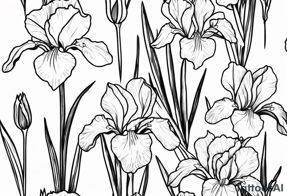 long simple tattoo style drawing of iris, daffodil, sweet peat and holly flowers tattoo idea