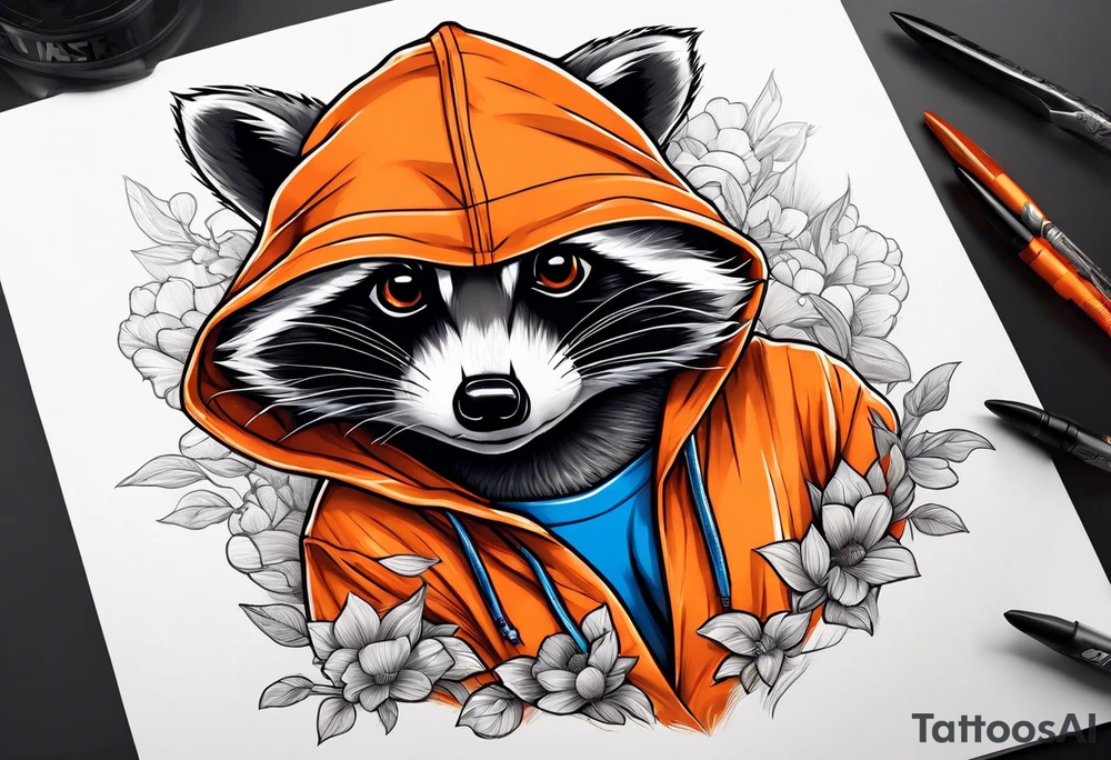 Raccoon wearing an orange Superman hoodie tattoo idea