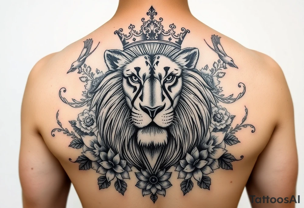 powerful majestic lion with a crown, surrounded by floral ornaments and birds tattoo idea