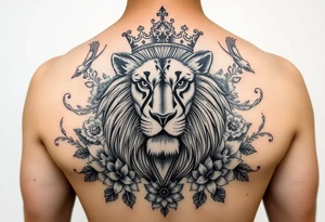 powerful majestic lion with a crown, surrounded by floral ornaments and birds tattoo idea