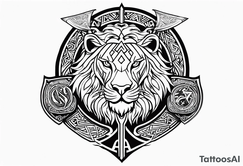Valhalla sword shield dragon axe Valknut tribal lion tattoo idea Valhalla sword shield dragon axe Valknut tribal lion tattoo idea