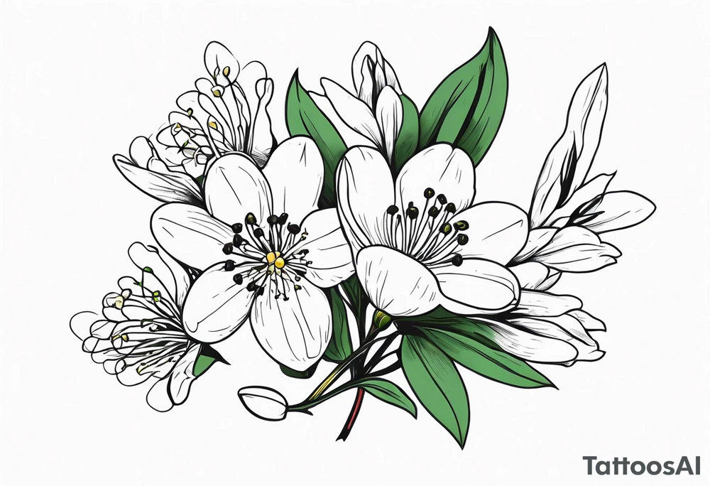 Bouquet with One snowdrop, One hawthorn flower, Two honeysuckle blooms, tattoo idea