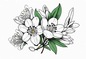 Bouquet with One snowdrop, One hawthorn flower, Two honeysuckle blooms, tattoo idea