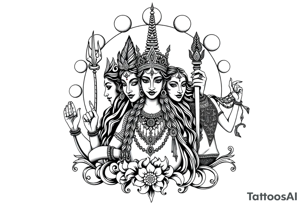 Lord Shiva, Godess Kali, Godess Lilith with the moon phases in the background tattoo idea