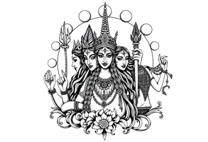 Lord Shiva, Godess Kali, Godess Lilith with the moon phases in the background tattoo idea