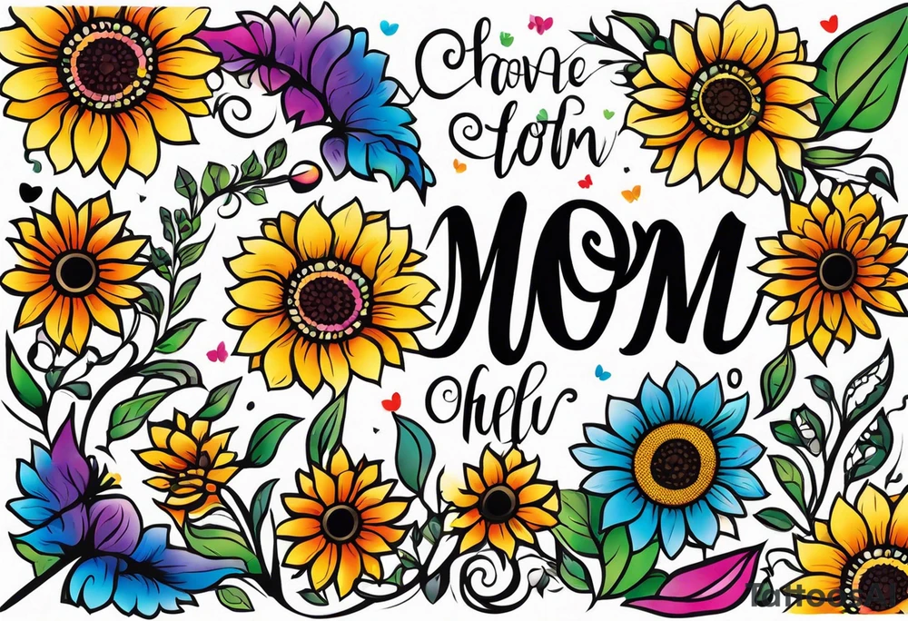 Memorial arm sleeve for mom with rainbow sunflowers and butterflies tattoo idea