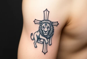 cross  with lion and the lamb background tattoo idea