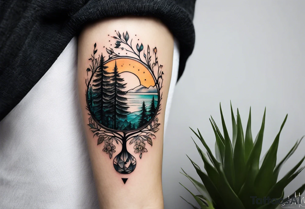 Small inside arm tattoo. Black kite (Daya's name), nature (trees/sea), small sunflower. Soft colours tattoo idea