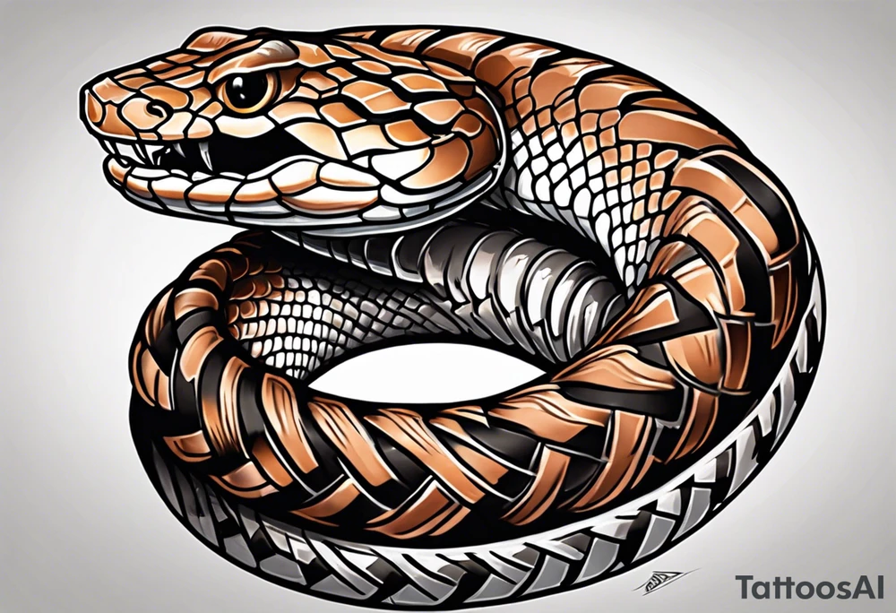 Copperhead coiled up with head turned up and mouth open and copper colored eyes tattoo idea