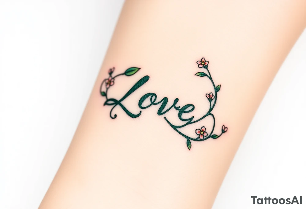 A vine-like infinity sign in deep emerald green, with small flowers blooming around "Love," symbolizing growth and an everlasting bond tattoo idea
