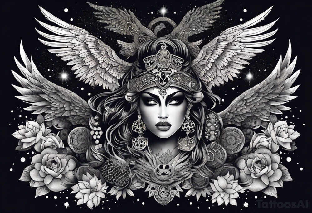 black kali, goddess pirate, alien, angel, pachamama, valkrye, warrior, flying, skull, lotus azul, wing, eagle, zenza resonance, stars, 5D, anahata chakra, death, durga, riding on a tiger, flying lady, kundalini, chest tatoo, samuri, rebel,serpent tattoo idea