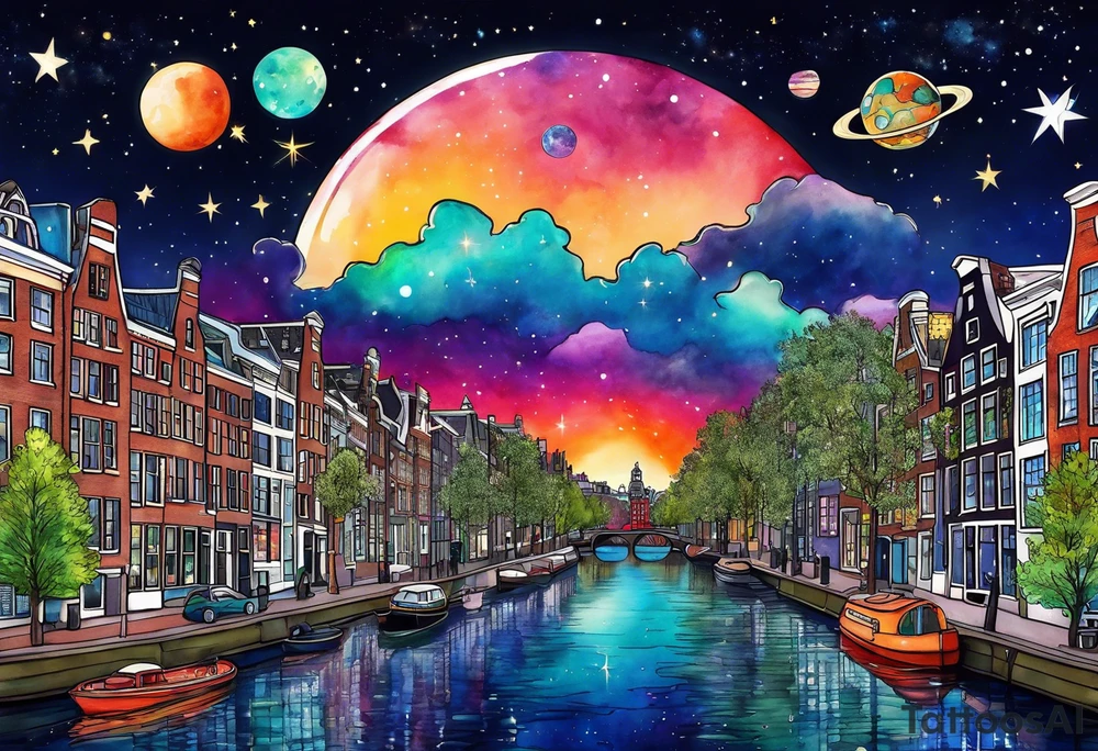 Glass animals in Amsterdam canal in space featuring galaxy colours tattoo idea