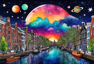 Glass animals in Amsterdam canal in space featuring galaxy colours tattoo idea