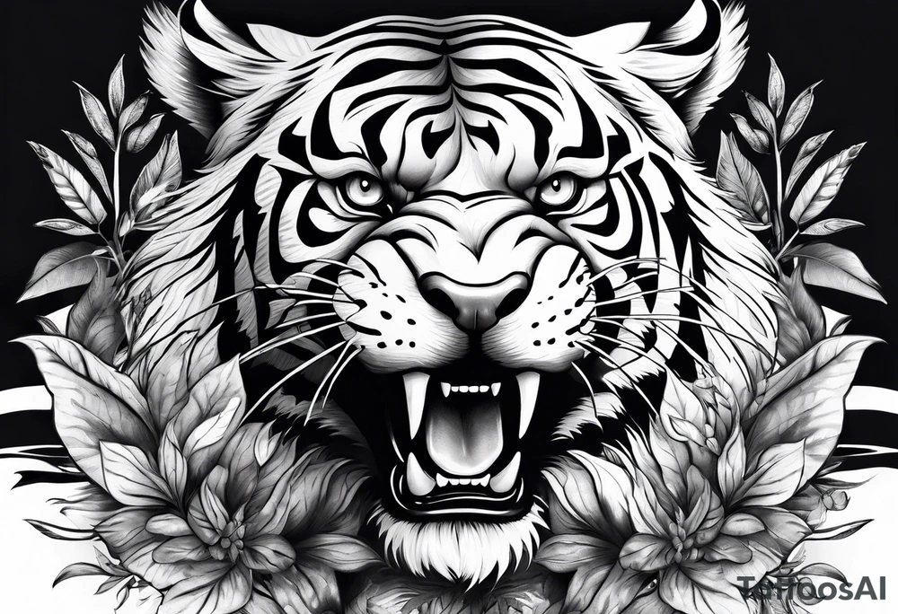 Fierce tigger growling with leaves and smoke around the image tattoo idea