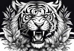 Fierce tigger growling with leaves and smoke around the image tattoo idea