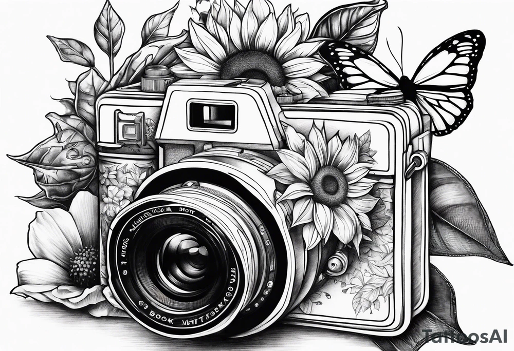 Book, sunflower, camera, butterfly, flower rose tattoo idea Book, sunflower, camera, butterfly, flower rose tattoo idea