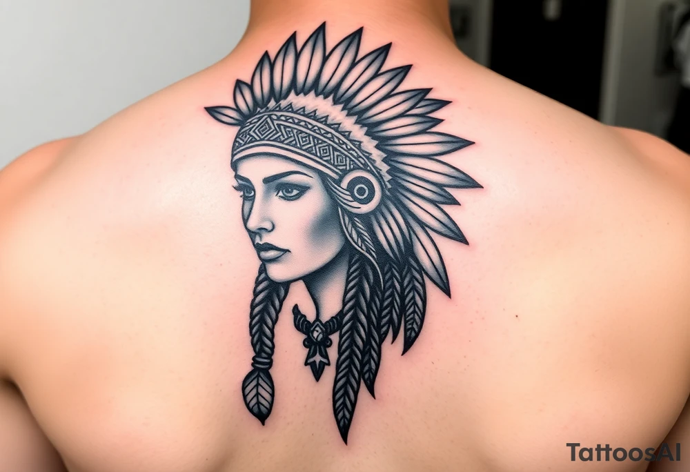 Native American girl with headdress the sun and arrowhead tattoo idea