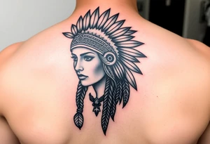 Native American girl with headdress the sun and arrowhead tattoo idea