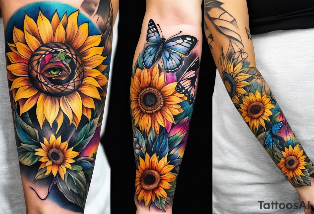 arm sleeve with dreamcatcher, rainbow sunflowers and one butterfly tattoo idea