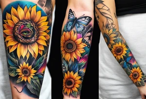 arm sleeve with dreamcatcher, rainbow sunflowers and one butterfly tattoo idea