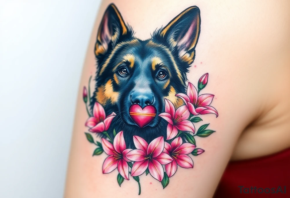 realistic german shepherd looking protective with pink lilies in front of a sacred heart symbol tattoo idea