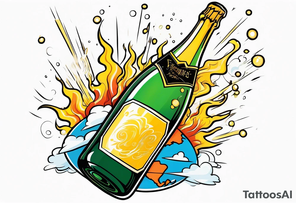 A champagne bottle exploding in the sky above the earth tattoo idea