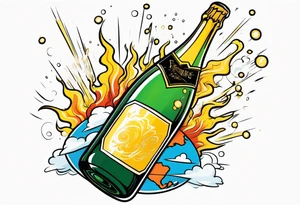 A champagne bottle exploding in the sky above the earth tattoo idea