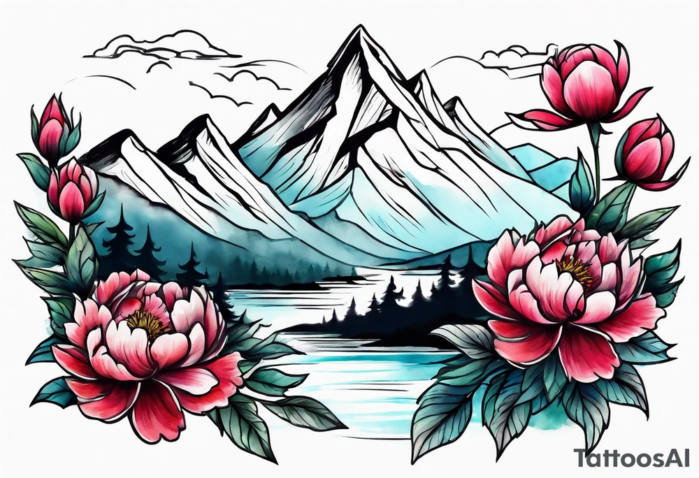 Mountains and peonies tattoo idea