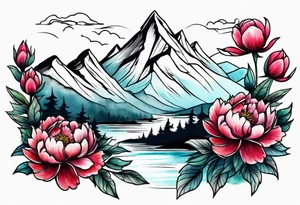 Mountains and peonies tattoo idea