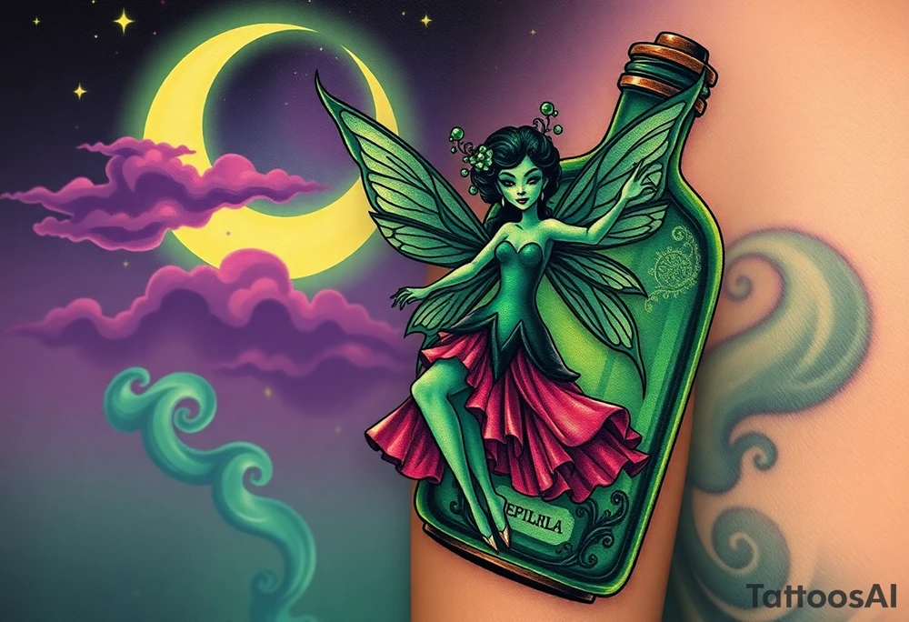 Tim Burton’s pin up style Vintage Parisian elegant and hauntingly beautiful yet eerie full body absinthe Green Fairy dances outside her victorian crystal decatur she was once inside this elaborate ornate bottle absinthe bottle Absinthe Art Nouveau   and dripping with muted reds, dusty pinks, and eerie green glow.purple and cyan smokey clouds swirl in the crescent moonlit sky thats sprinkled with stars tattoo idea