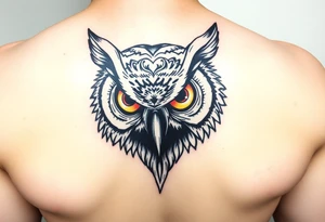 Biomechanics  large colored tripping eye owl head tattoo idea