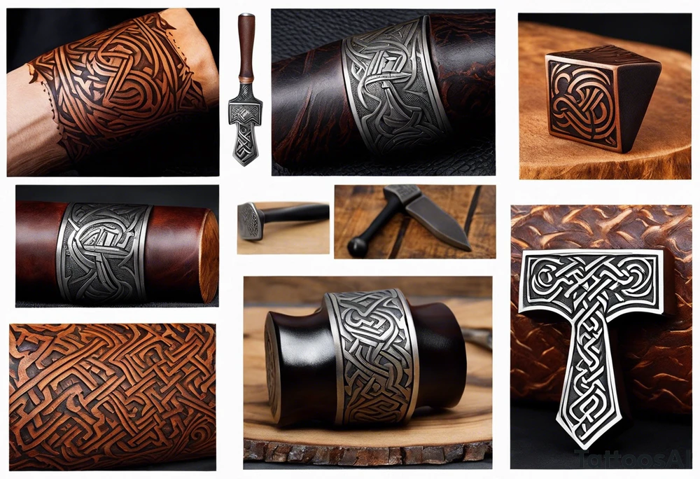 Design a powerful hammer tattoo inspired by Thor's Mjolnir. The hammer should have intricate Norse patterns carved into its head, symbolizing strength and protection. Lightning bolts should surround the hammer, emphasizing its connection to thunder and power. The handle can be wrapped in leather-like textures for a rugged feel, with runes etched along its length to add an authentic Viking touch. The overall style should blend realism with a slight fantasy vibe, highlighting the mystical aura of Thor’s weapon tattoo idea