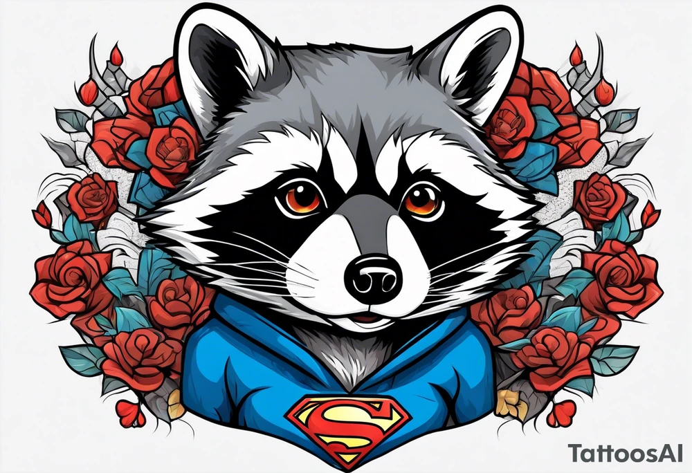 raccoon wearing a Superman hoodie tattoo idea