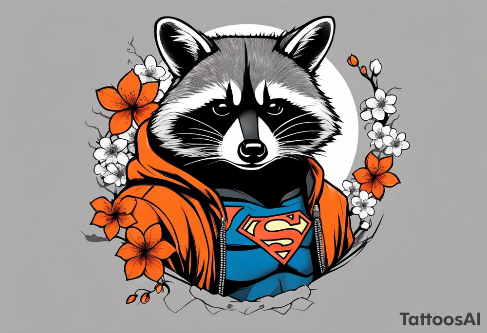 raccoon wearing a black and white Superman hoodie and orange Japanese cherry blossoms tattoo idea