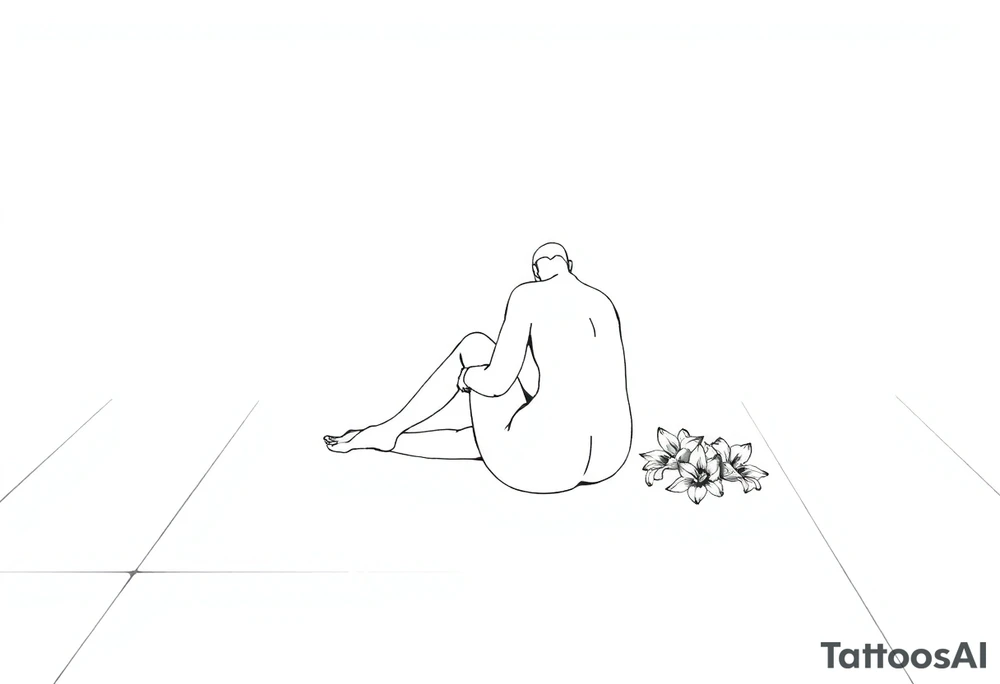 A simple tile floor with a minimalist outline of a curled up person sitting on the floor with a lily next to her tattoo idea