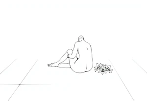 A simple tile floor with a minimalist outline of a curled up person sitting on the floor with a lily next to her tattoo idea