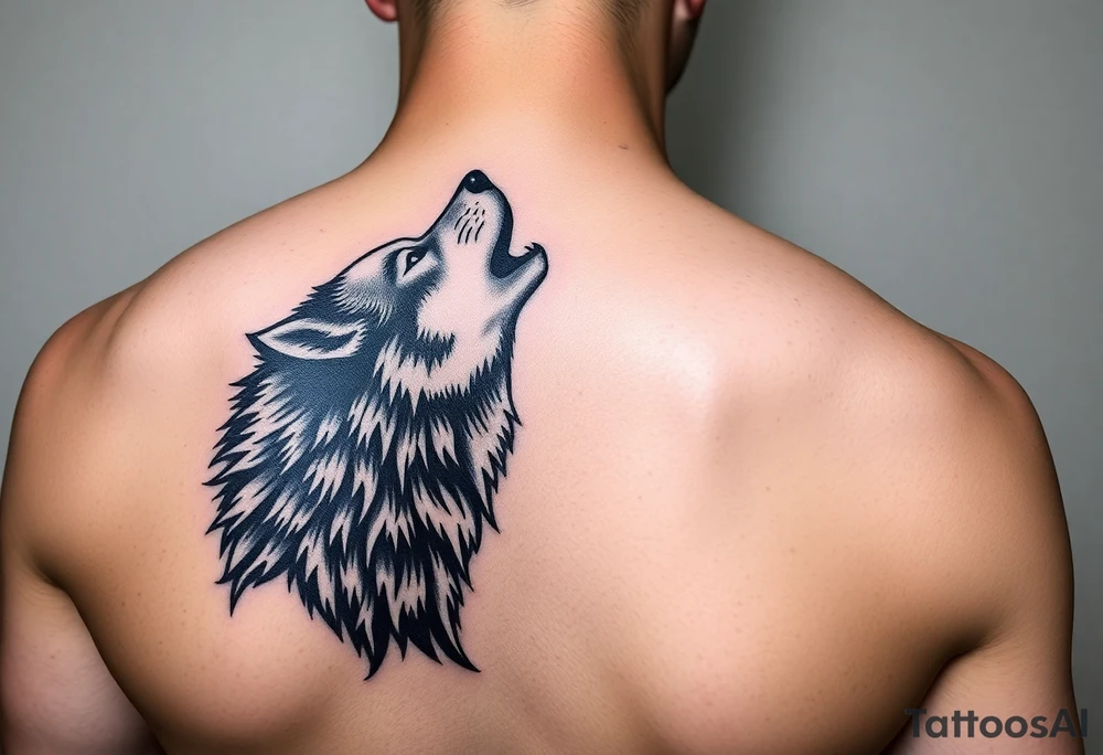 lone wolf howling at full moon with northern lights backdrop tattoo idea