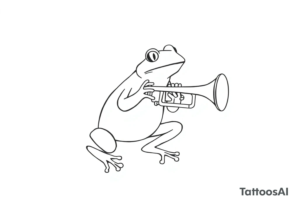Draw a single continuous line drawing of a frog playing a trumpet, where the entire image is created using only one unbroken black line, with no lifting of the pen and no separate lines. The line must flow smoothly and clearly form the frog and trumpet , minimalist style. The frog should be , in a jazzy or playful pose, holding and playing the trumpet. No shading, no extra strokes, no background — just one elegant, fluid, uninterrupted line on a white canvas. tattoo idea