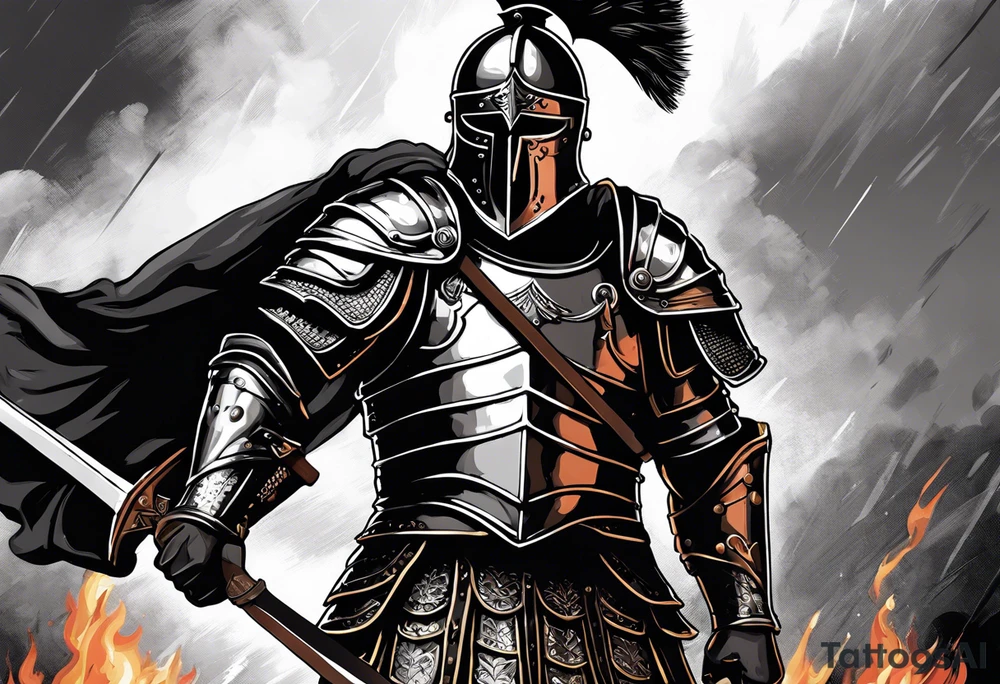 high quality black and white illustration, full body image, a strong tall roman centurion, wearing armour, wearing a belt, wearing armoured shoes, wearing a metal breastplate, holding a large shield, wearing a helmet, holding a sword. Flaming arrows are being fired at the centurion, he is blocking the arrows with his shield tattoo idea