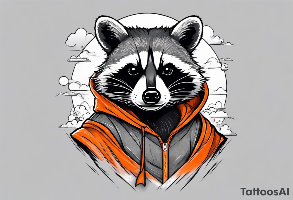 Raccoon wearing an orange Superman hoodie tattoo idea