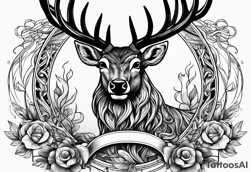 Stag surrounded by a ribbon and a large dagger in the background tattoo idea