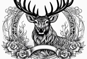 Stag surrounded by a ribbon and a large dagger in the background tattoo idea