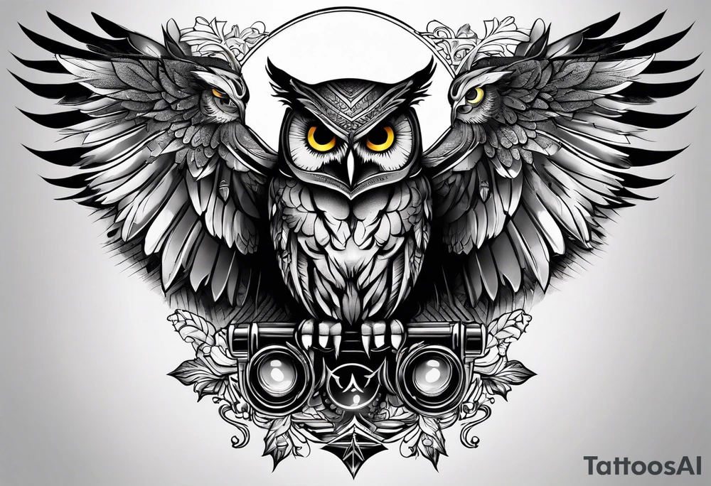 Gothic Skull and owl with open wings tattoo idea