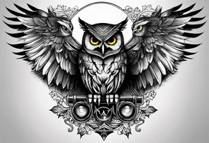 Gothic Skull and owl with open wings tattoo idea