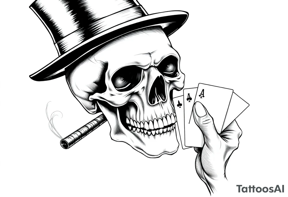 a skull with mustache,top-hat, cigar in his mouth and playing cards in a hand. tattoo idea